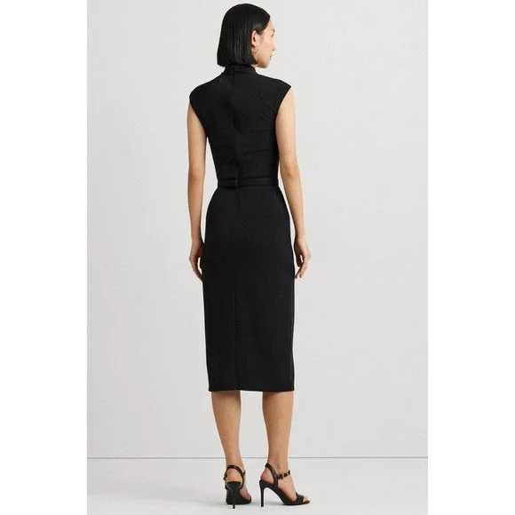 Lauren Ralph Lauren Women Belted Jersey Mock Neck Dress Black Size 10 - Picture 5 of 5